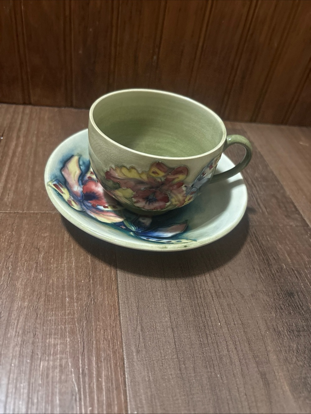Hand-Painted Floral Ceramic Teacup & Saucer in Sage Green
